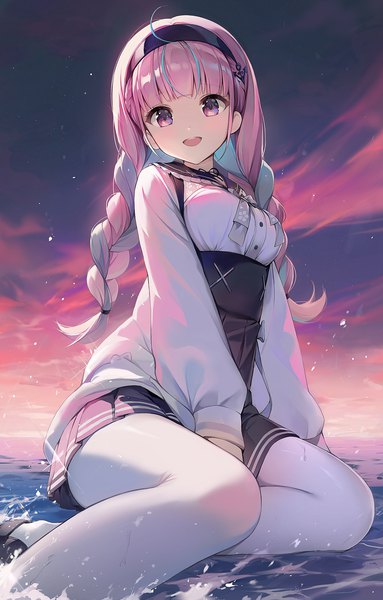 Anime picture 1500x2347 with virtual youtuber hololive minato aqua minato aqua (sailor) eso (toory) single long hair tall image looking at viewer fringe open mouth sitting pink hair sky ahoge blunt bangs braid (braids) :d pink eyes multicolored hair