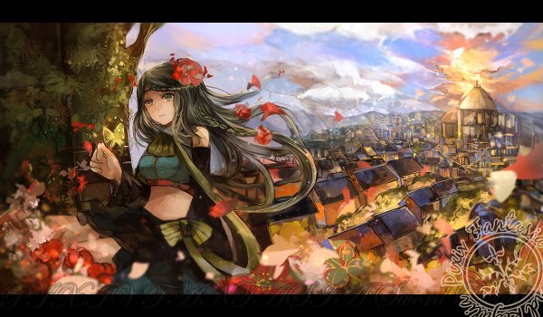 Anime picture 1200x700 with original pixiv fantasia vima single long hair black hair wide image brown eyes cloud (clouds) hair flower girl dress hair ornament flower (flowers) petals insect butterfly