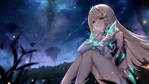 Anime picture 4000x2250 with xenoblade xenoblade 2 mythra (xenoblade) roi (liu tian) single long hair highres light erotic blonde hair smile wide image sitting yellow eyes looking away absurdres outdoors bare legs glowing milky way girl