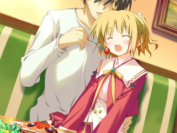 Anime picture 1600x1200 with happy margaret minahase karin kokonoka blush short hair open mouth blonde hair game cg eyes closed girl boy uniform school uniform food