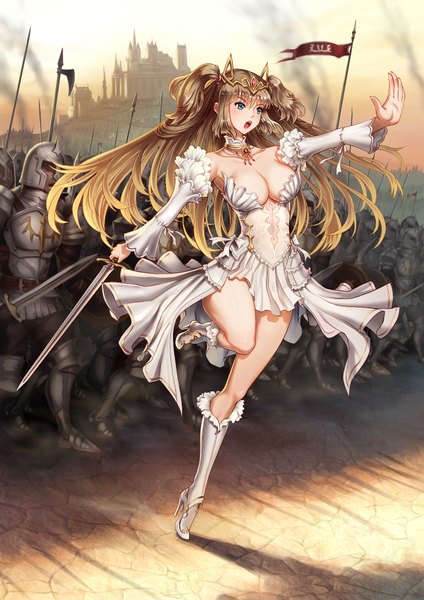 Anime picture 1358x1920 with original youbou long hair tall image breasts open mouth blue eyes light erotic brown hair revision girl dress hair ornament weapon detached sleeves sword boots armor tiara castle