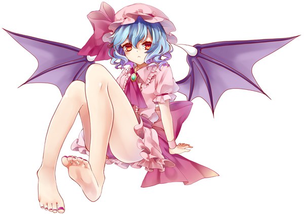 Anime picture 3507x2480 with touhou remilia scarlet kyouda suzuka single looking at viewer fringe highres short hair light erotic simple background red eyes white background sitting blue hair absurdres full body nail polish barefoot arm support bare legs