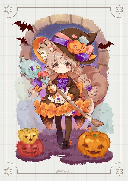 Anime picture 900x1273 with original ouu min single long hair tall image blush brown hair signed animal ears full body tail braid (braids) animal tail pink eyes twitter username twin braids halloween framed ghost cute