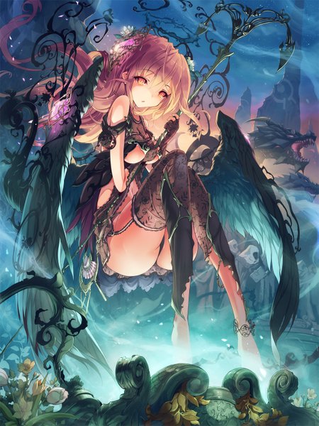 Anime picture 1125x1500 with original kankurou single long hair tall image looking at viewer fringe breasts open mouth light erotic red eyes brown hair bare shoulders holding sky barefoot hair flower horn (horns) teeth fang (fangs)