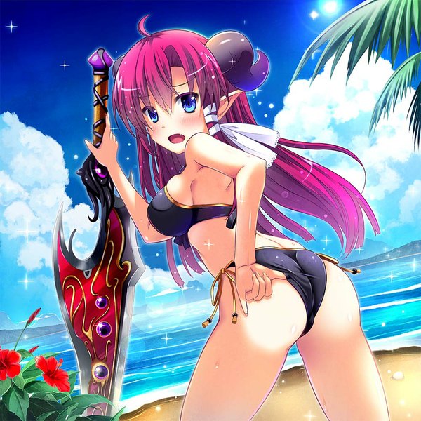 Anime picture 1000x1000 with original kazumasa long hair looking at viewer blush fringe breasts light erotic purple eyes holding sky cloud (clouds) ass horn (horns) pointy ears leaning leaning forward back horizon glow