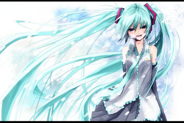 Anime picture 1280x861 with vocaloid hatsune miku miruto netsuki single long hair blush twintails bare shoulders aqua eyes aqua hair girl detached sleeves necktie