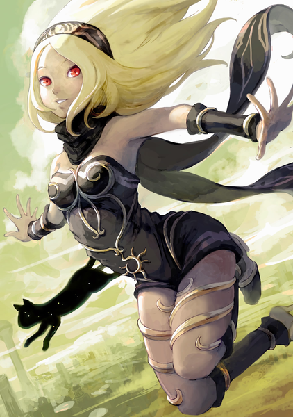 Anime picture 1920x2732 with gravity daze kat (gravity daze) dusty (gravity daze) single long hair tall image looking at viewer highres simple background blonde hair red eyes bare shoulders cloud (clouds) bent knee (knees) light smile wind city spread arms cityscape girl