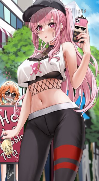 Anime picture 1100x2000 with virtual youtuber hololive hololive english mori calliope takanashi kiara mori calliope (streetwear) piukute062 long hair tall image looking at viewer blush fringe breasts open mouth light erotic standing bare shoulders multiple girls holding signed