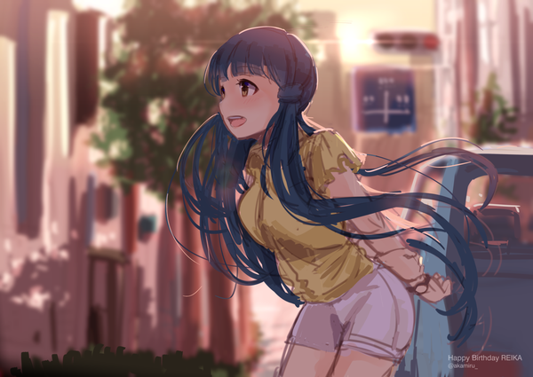 Anime picture 1427x1011 with idolmaster idolmaster million live! kitakami reika akame (akamiru) single long hair fringe open mouth smile twintails brown eyes signed blue hair looking away outdoors blunt bangs profile sunlight blurry teeth