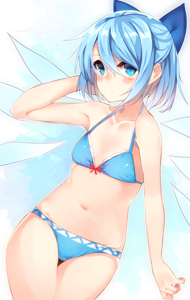 Anime picture 800x1261 with touhou cirno otokuyou single tall image looking at viewer blush fringe short hair blue eyes light erotic simple background hair between eyes blue hair midriff underwear only groin flat chest hand on head girl