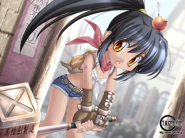 Anime picture 1500x1125 with ragnarok online ishihara masumi single black hair yellow eyes ponytail tattoo wallpaper dark skin denim blacksmith food as clothes food shorts scarf fruit apple denim shorts hammer