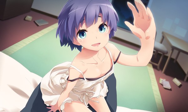 Anime picture 2250x1350 with brava! looking at viewer highres short hair open mouth blue eyes wide image bare shoulders blue hair game cg girl dress sundress hand