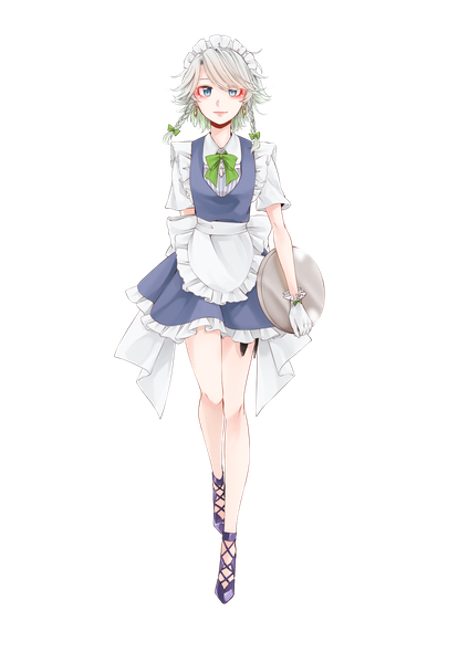 Anime picture 2040x2890 with touhou izayoi sakuya souta (karasu no ouchi) single tall image looking at viewer highres short hair blue eyes smile standing silver hair full body braid (braids) bare legs short sleeves maid twin braids transparent background frilly skirt