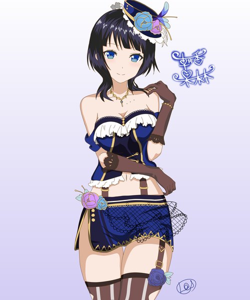 Anime picture 2500x3000 with love live! nijigasaki high school idol club love live! asaka karin riselote0406 single tall image looking at viewer blush fringe highres short hair breasts blue eyes light erotic black hair simple background standing bare shoulders signed cleavage