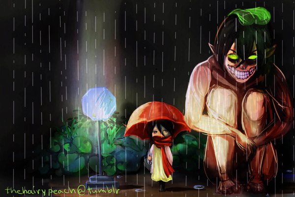 Anime picture 1800x1200 with shingeki no kyojin tonari no totoro production i.g studio ghibli mikasa ackerman eren yaeger rogue titan thehairypeach fringe highres short hair black hair standing sitting looking away night glowing rain glowing eye (eyes) chibi