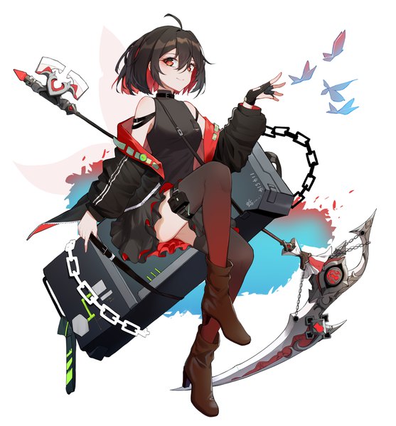 Anime picture 3750x4042 with honkai impact 3rd benghuai xueyuan honkai (series) seele vollerei kuo (kuo114514) single tall image looking at viewer fringe highres short hair smile hair between eyes red eyes brown hair white background bare shoulders holding absurdres full body