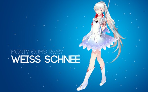 Anime picture 1920x1200 with rwby rooster teeth weiss schnee assassinwarrior kiwamu single long hair looking at viewer highres blue eyes simple background silver hair ponytail wallpaper character names blue background girl weapon sword knee boots