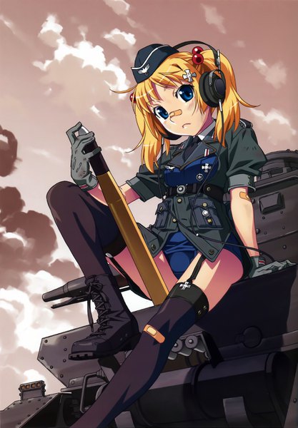 Anime picture 1979x2849 with barbarossa (card game) watanabe akio single long hair tall image looking at viewer blush highres blue eyes light erotic blonde hair sitting twintails holding cloud (clouds) bent knee (knees) outdoors head tilt from below short sleeves