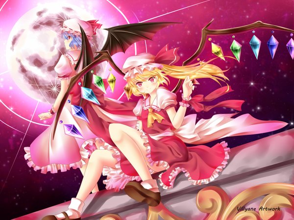 Anime picture 1574x1181 with touhou flandre scarlet remilia scarlet villyane long hair blush short hair blonde hair smile red eyes multiple girls blue hair ponytail profile pink eyes night sky bat wings girl dress skirt