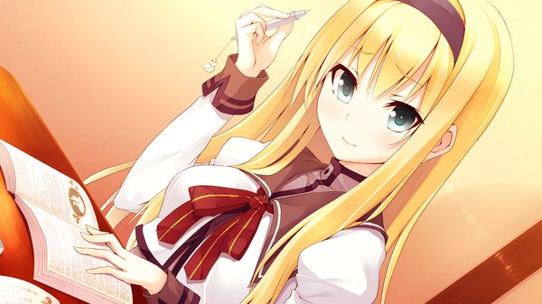 Anime picture 1280x720 with hyouka no mau sora ni alictia bright long hair blue eyes blonde hair wide image game cg girl uniform school uniform hairband book (books)