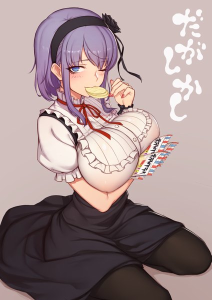 Anime picture 1141x1614 with dagashi kashi feel (studio) shidare hotaru evan yang single tall image looking at viewer blush short hair breasts blue eyes light erotic large breasts purple hair one eye closed girl dress hairband chips