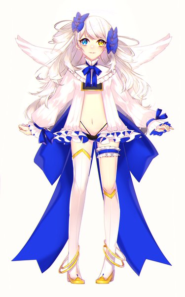 Anime picture 2500x4000 with original motsuni (lxxe1120) single long hair tall image looking at viewer highres light erotic simple background standing white background full body white hair heterochromia asymmetrical legwear girl bow hair bow wings frills