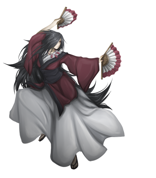 Anime picture 3000x3420 with naruto original studio pierrot naruto (series) fireeaglespirit single long hair tall image fringe highres black hair red eyes standing holding looking away full body very long hair nail polish traditional clothes parted lips