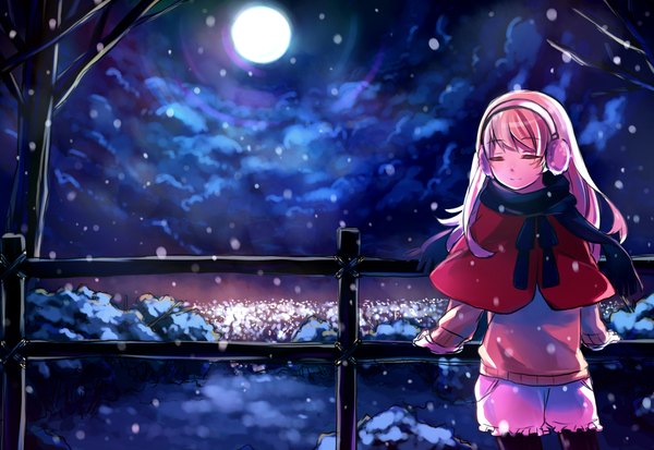 Anime picture 2122x1461 with original hoshiyui tsukino (artist) single long hair highres pink hair cloud (clouds) eyes closed night night sky snowing winter snow girl bow plant (plants) tree (trees) headphones scarf sweater