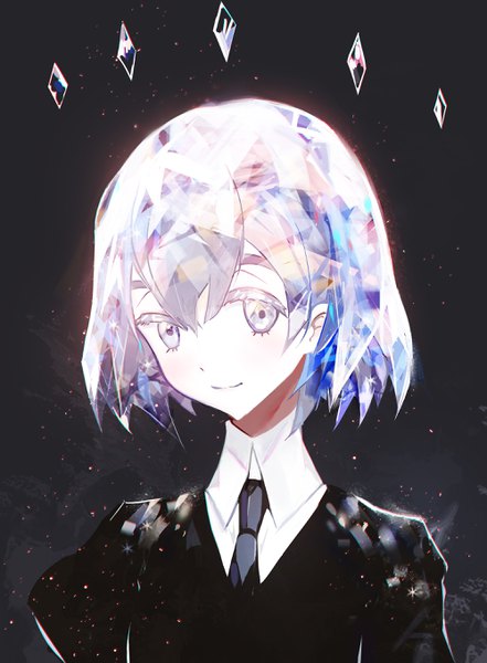 Anime picture 2000x2722 with houseki no kuni diamond (houseki no kuni) juexing (moemoe3345) single tall image looking at viewer fringe highres short hair simple background smile hair between eyes silver hair upper body black background portrait silver eyes androgynous uniform necktie