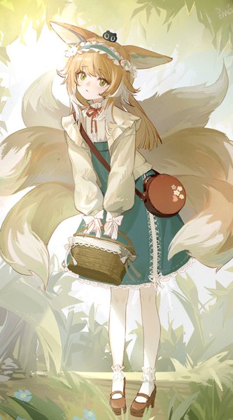 Anime picture 1556x2800 with the legend of luo xiaohei arknights suzuran (arknights) suzuran (spring praise) (arknights) heixiu x nuan single long hair tall image blonde hair standing animal ears yellow eyes full body outdoors tail animal tail fox ears official alternate costume fox tail