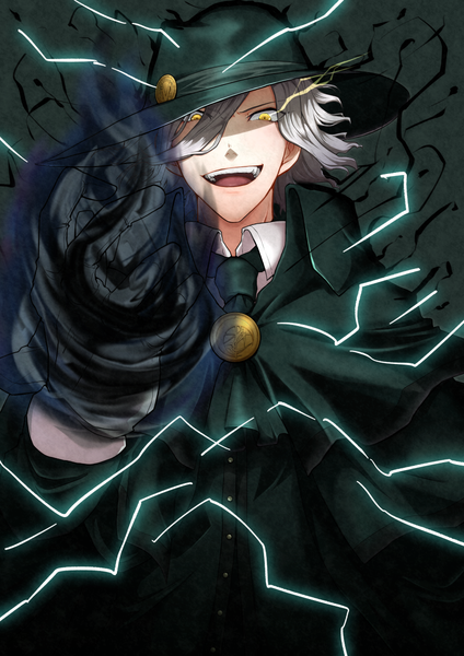 Anime picture 849x1200 with fate (series) fate/grand order edmond dantes (fate/grand order) shinonome (pixiv id39210521) single tall image looking at viewer fringe short hair open mouth smile hair between eyes standing yellow eyes silver hair upper body magic glowing dark background glowing eye (eyes)