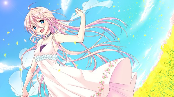 Anime picture 1280x720 with vocaloid ia (vocaloid) yami (m31) single long hair blush open mouth blue eyes wide image bare shoulders pink hair sky braid (braids) twin braids floral print happy field girl dress petals