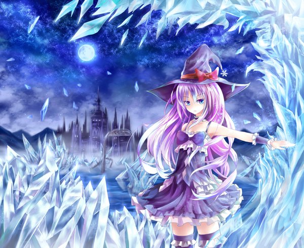 Anime picture 2200x1800 with original rin yuu long hair highres blue eyes purple hair night witch girl thighhighs dress bow moon witch hat castle ice