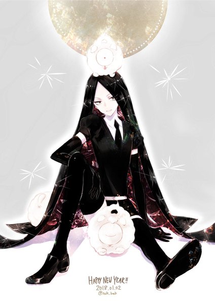 Anime picture 849x1200 with houseki no kuni bort shiro (houseki no kuni) morino bambi single tall image looking at viewer black hair sitting signed full body very long hair black eyes twitter username dated new year androgynous happy new year 2018 thighhighs