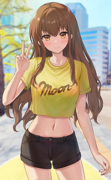 Anime-Bild 1236x2000 mit fate (series) fate/extra fate/extra ccc kishinami hakuno (female) sauvignon single long hair tall image looking at viewer blush fringe smile hair between eyes brown hair standing brown eyes outdoors victory clothes writing girl