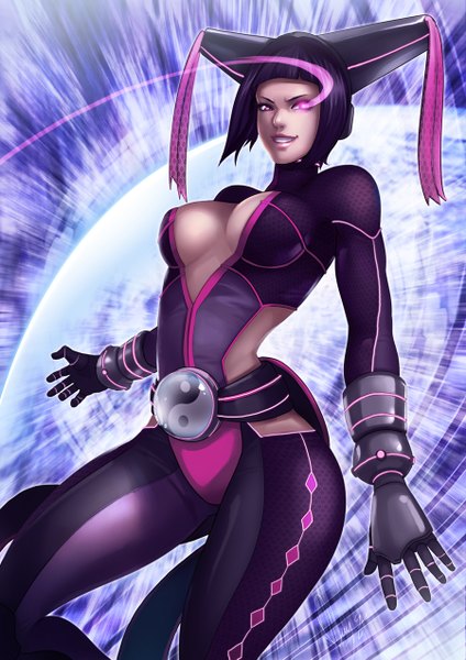 Anime picture 900x1273 with street fighter capcom han juri magion02 single long hair tall image highres breasts light erotic smile purple eyes cleavage purple hair realistic alternate costume glowing glowing eye (eyes) yin yang neon trim