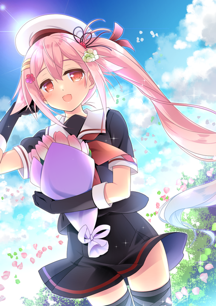 Anime-Bild 705x1000 mit kantai collection harusame destroyer ringo sui single tall image blush fringe open mouth smile hair between eyes red eyes standing holding payot pink hair sky cloud (clouds) hair flower sparkle zettai ryouiki