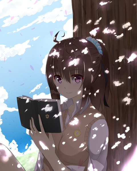 Anime picture 1000x1250 with original isshiki (ffmania7) single long hair tall image fringe breasts smile brown hair sitting purple eyes holding sky cloud (clouds) ponytail glow girl hair ornament shirt petals