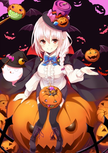 Anime picture 707x1000 with original takehana note single long hair tall image looking at viewer blush fringe smile hair between eyes red eyes white hair braid (braids) head tilt from above pointy ears fang (fangs) single braid halloween outstretched hand