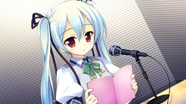 Anime picture 1280x720 with aete mushisuru kimi to no mirai sawatari nanagi single long hair red eyes wide image twintails game cg white hair loli girl uniform ribbon (ribbons) hair ribbon school uniform microphone