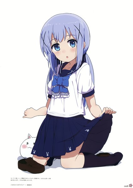 Anime picture 2470x3500 with gochuumon wa usagi desu ka? white fox milky been! (ogipote) - 2015 charakcolle (artbook) kafuu chino tippy (gochiusa) ogipote single long hair tall image looking at viewer blush highres open mouth blue eyes simple background white background twintails payot blue hair full body