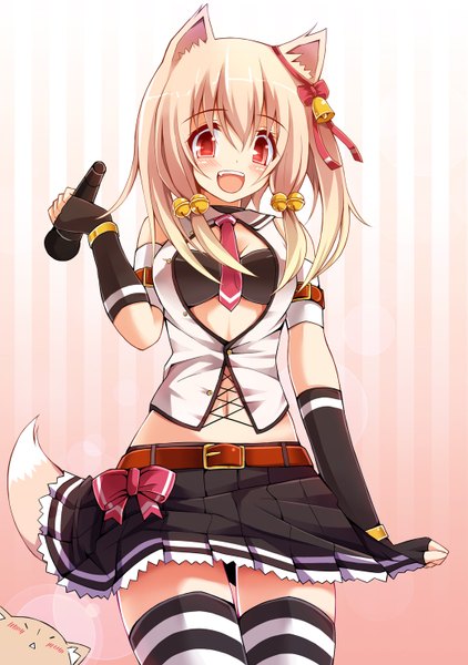 Anime picture 1039x1476 with original chiri (atlanta) tall image blush fringe short hair open mouth light erotic blonde hair hair between eyes red eyes animal ears cat ears cat girl cat tail girl thighhighs gloves navel bow