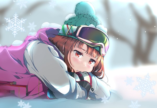 Anime picture 3828x2644 with original syun the ride single blush fringe highres red eyes brown hair absurdres upper body lying blunt bangs blurry depth of field crossed arms snow frown girl jacket snowflake (snowflakes)