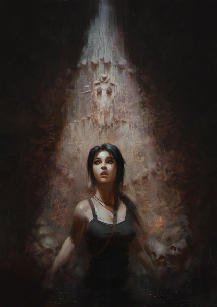 Anime picture 2123x3000 with tomb raider lara croft single long hair tall image blush highres open mouth black hair bare shoulders brown eyes ponytail lips teeth ruins surprised girl shirt skull