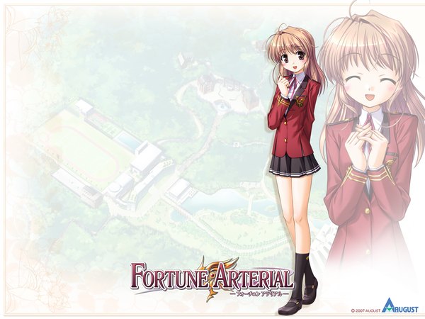 Anime picture 1280x960 with fortune arterial august soft yuuki haruna bekkankou long hair looking at viewer blush open mouth blonde hair brown eyes full body eyes closed :d pleated skirt copyright name girl skirt uniform school uniform socks