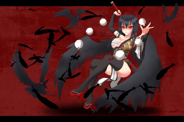 Anime-Bild 2000x1333 mit touhou shameimaru aya gmot long hair highres breasts light erotic black hair red eyes large breasts red background girl thighhighs weapon black thighhighs hat sword wings katana feather (feathers)