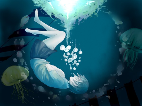 Anime picture 1600x1200 with vocaloid sachi (cmas125) single short hair open mouth eyes closed barefoot short sleeves holding hands pale skin underwater girl skirt uniform school uniform shirt bubble (bubbles) jellyfish railroad tracks