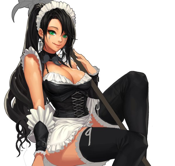 Anime picture 2211x2091 with league of legends nidalee (league of legends) ake (cherrylich) single long hair looking at viewer highres breasts light erotic black hair smile large breasts sitting holding green eyes bent knee (knees) ponytail maid facial mark lacing