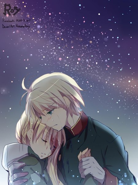 Anime picture 720x960 with aldnoah.zero a-1 pictures slaine troyard asseylum vers allusia long hair tall image fringe short hair blue eyes blonde hair eyes closed couple tears holding hands spoilers girl boy gloves uniform white gloves