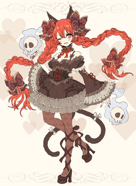 Anime picture 2620x3573 with touhou kaenbyou rin yutsumoe single long hair tall image fringe highres animal ears red hair tail braid (braids) animal tail one eye closed fingernails wink cat ears teeth cat tail fang (fangs)